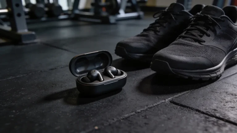 Motorola Moto Buds auriculares inalambricos deportivos junto a zapatillas de gimnasio