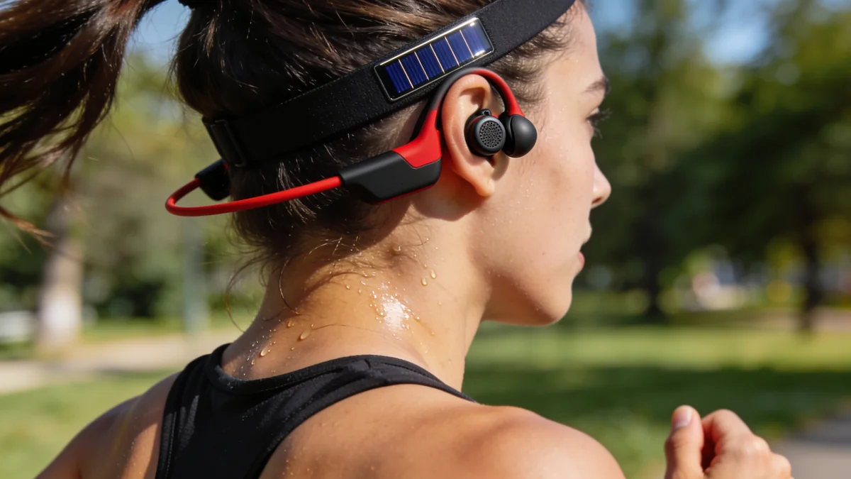 Corredora entrenando con auriculares deportivos Philips TAA6219BK inalambricos con carga solar