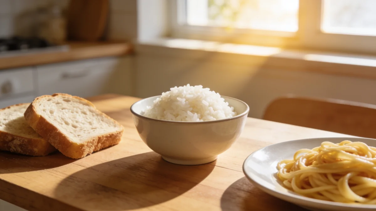 Pan, arroz y pasta en una mesa de cocina con luz de mañana