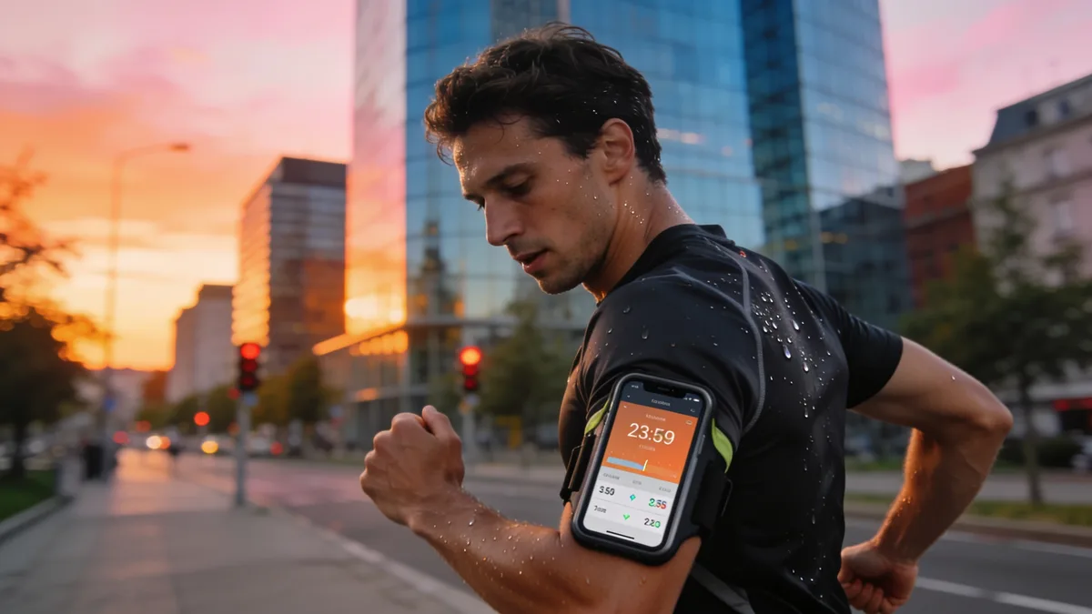 Corredor usando la app Adidas Running (antes Runtastic) en un brazalete deportivo