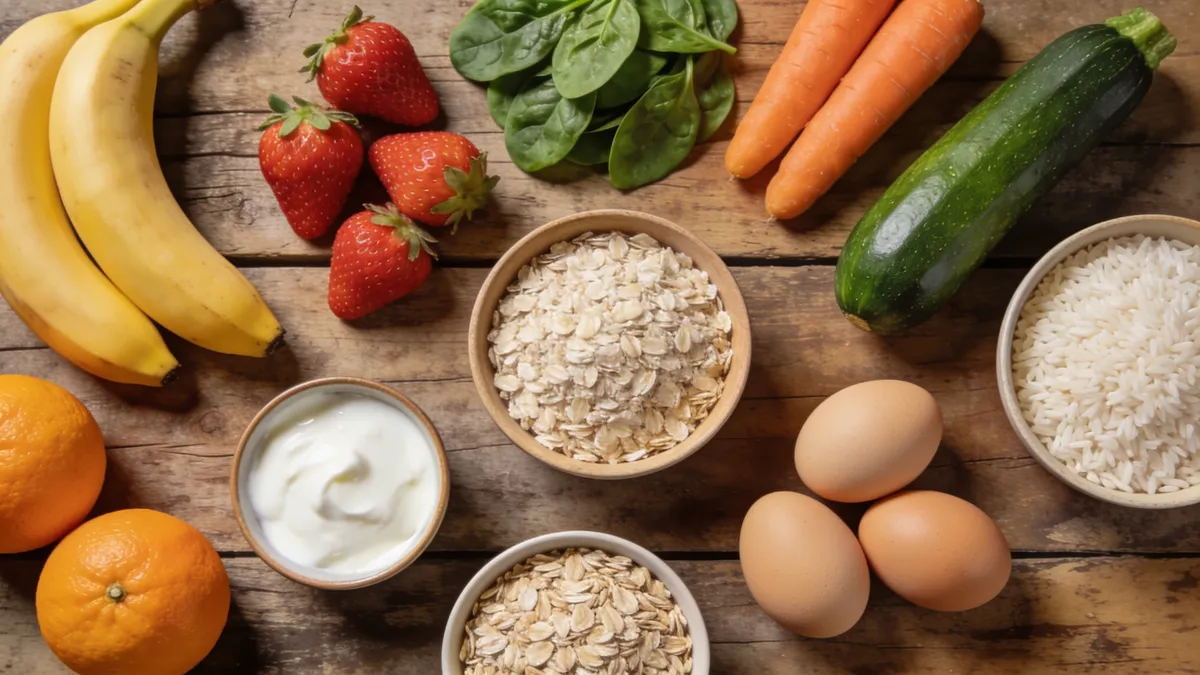 Dieta baja en FODMAP: guía de alimentos y menú semanal Alimentos bajos en FODMAP: plátano, naranja, zanahoria, arroz, huevos y yogur sin lactosa