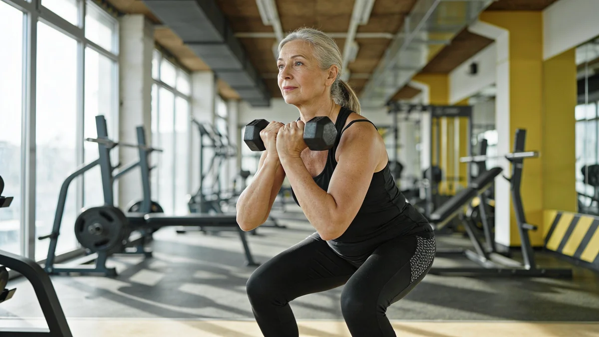 Mujer madura entrenando fuerza con mancuerna para aumentar la densidad ósea