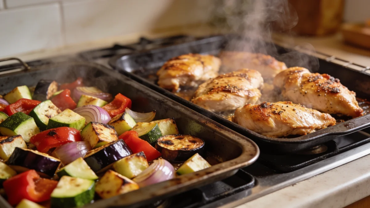 Bandejas de horno con verdura asada y pollo para batch cooking