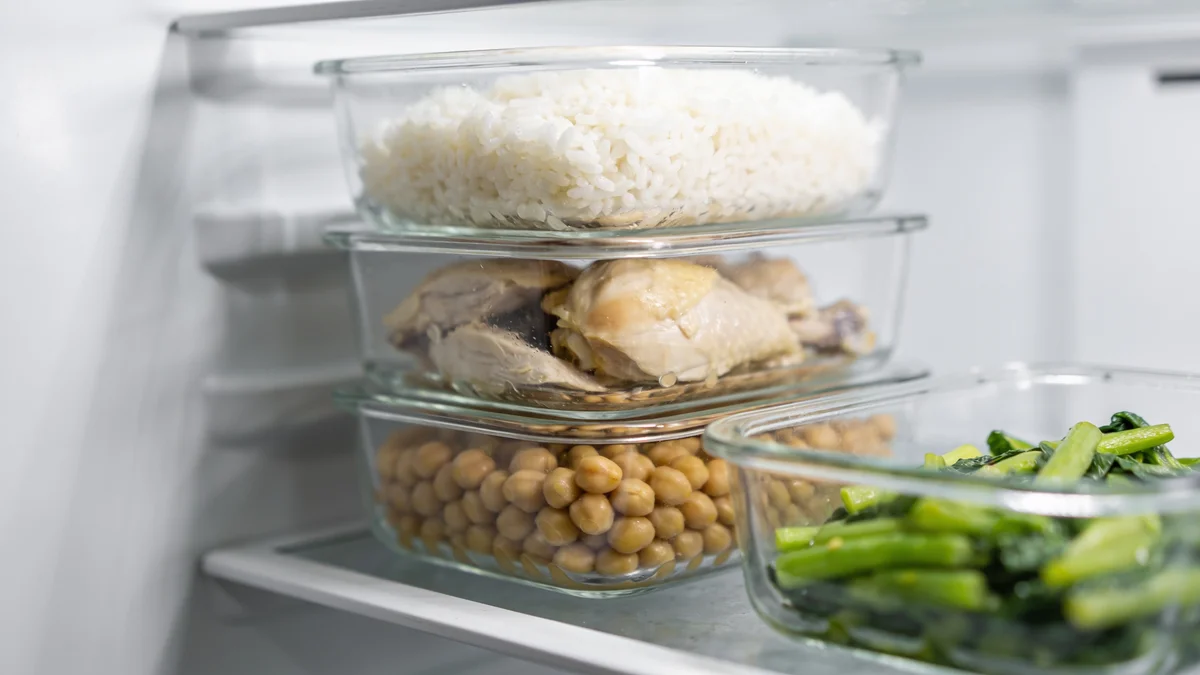 Nevera con recipientes de cristal separados de arroz, pollo, garbanzos y verdura