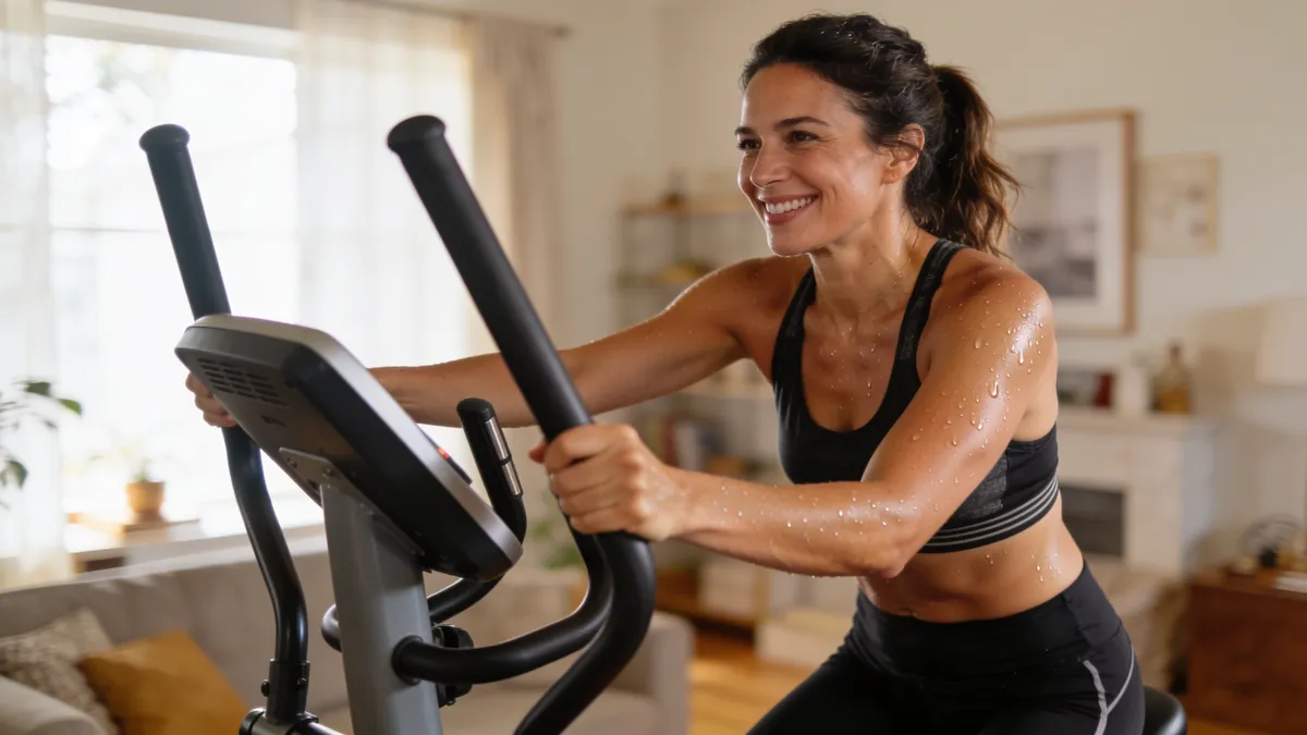 Mujer entrenando en bicicleta eliptica para casa, beneficios cardiovasculares del ejercicio