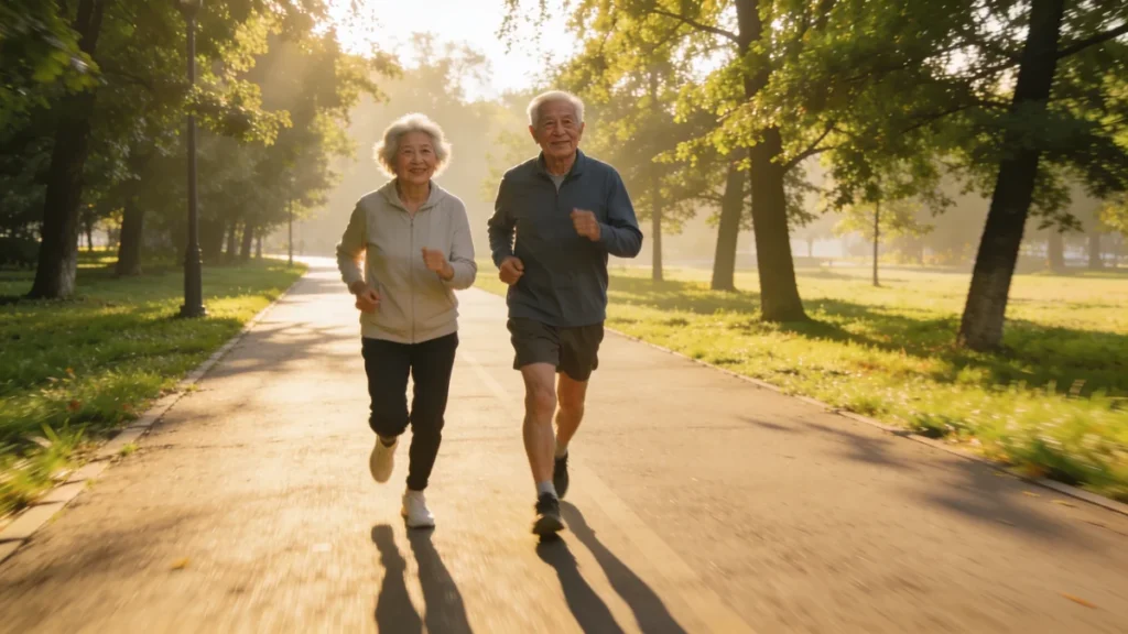 Pareja de personas mayores caminando rápido al aire libre, ejemplo de caminar rápido y deterioro cognitivo