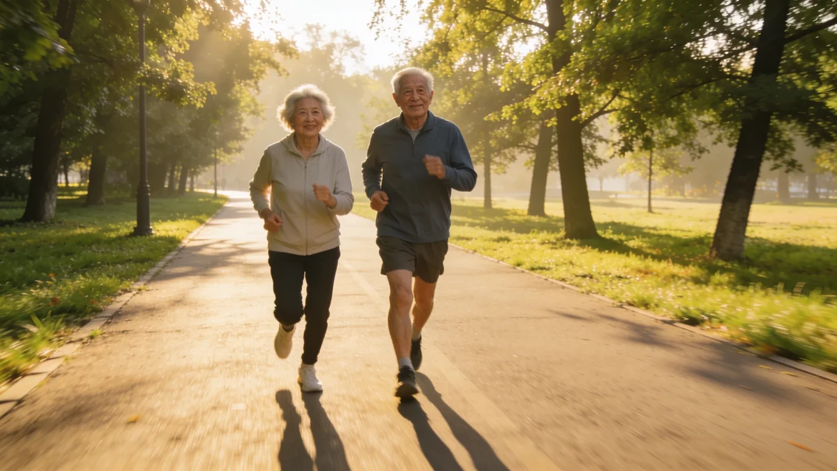 Pareja de personas mayores caminando rápido al aire libre, ejemplo de caminar rápido y deterioro cognitivo