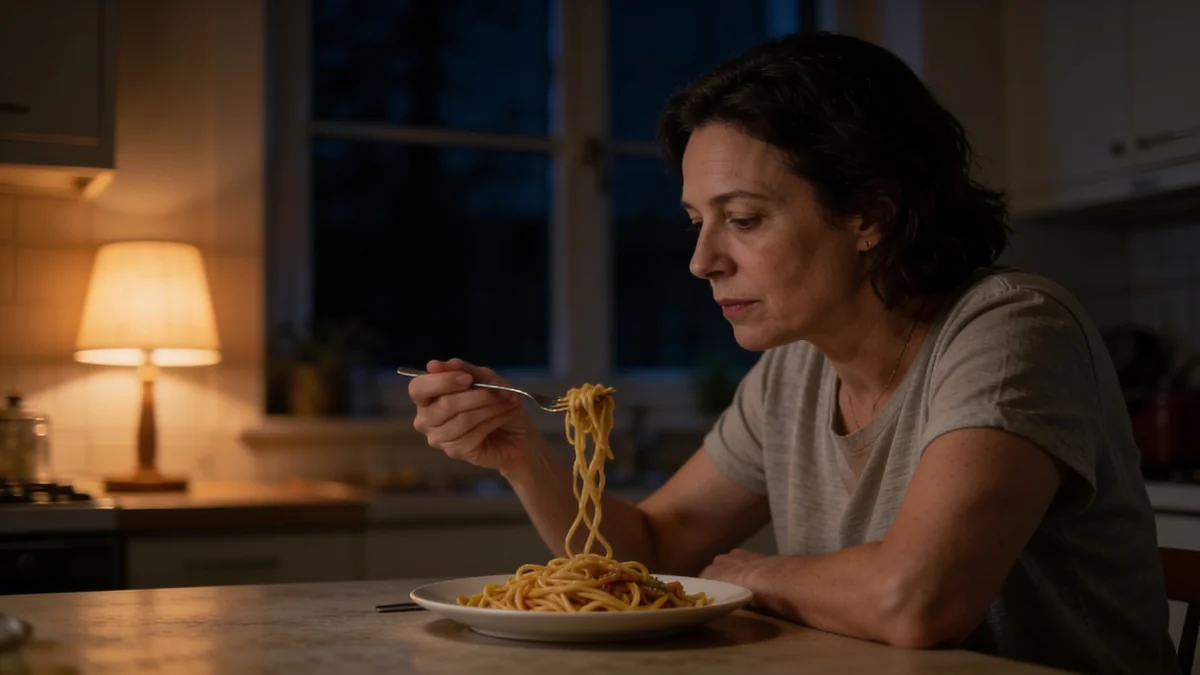 Mujer cenando pasta de noche en la cocina con luz tenue