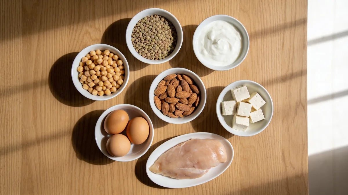 Fuentes de proteina en cuencos: garbanzos, lentejas, yogur, almendras, huevos, tofu y pollo