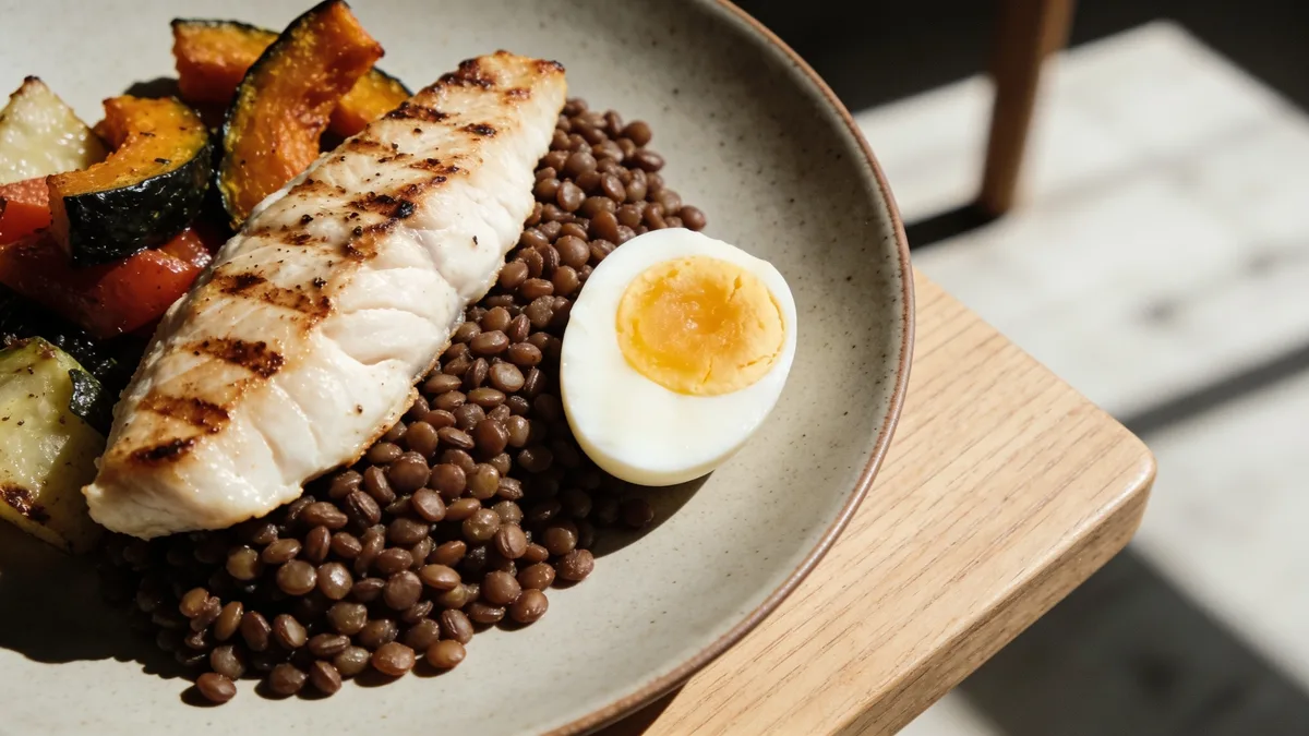 Plato equilibrado con pescado, lentejas y huevo para comer menos proteina sin quedarse corto