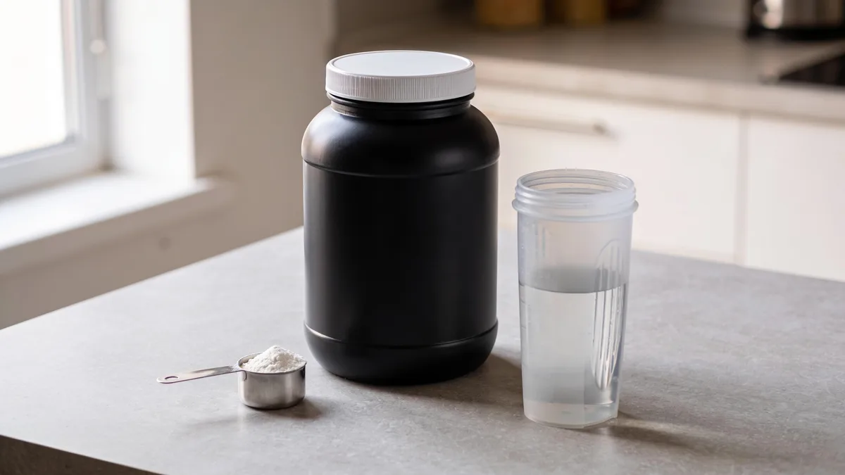Bote de creatina Optimum Nutrition con cacito dosificador y vaso de agua