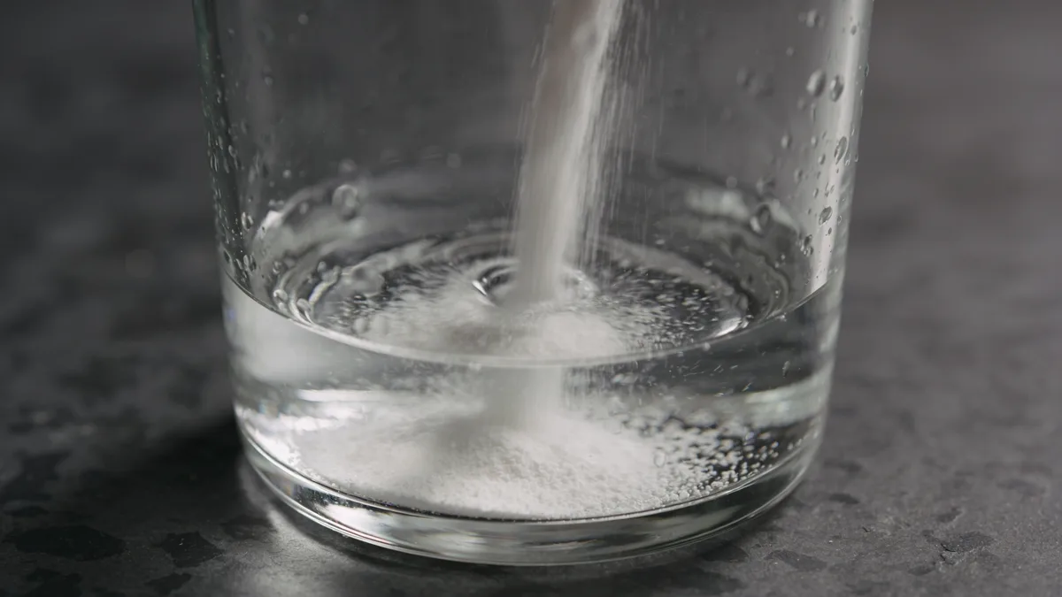 Polvo de creatina Optimum Nutrition disolviendose en un vaso de agua fria