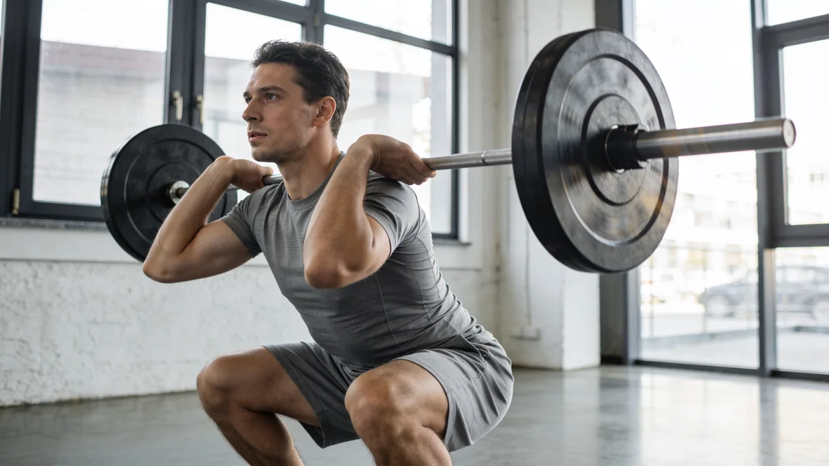Hombre entrenando fuerza con barra tras tomar creatina Optimum Nutrition