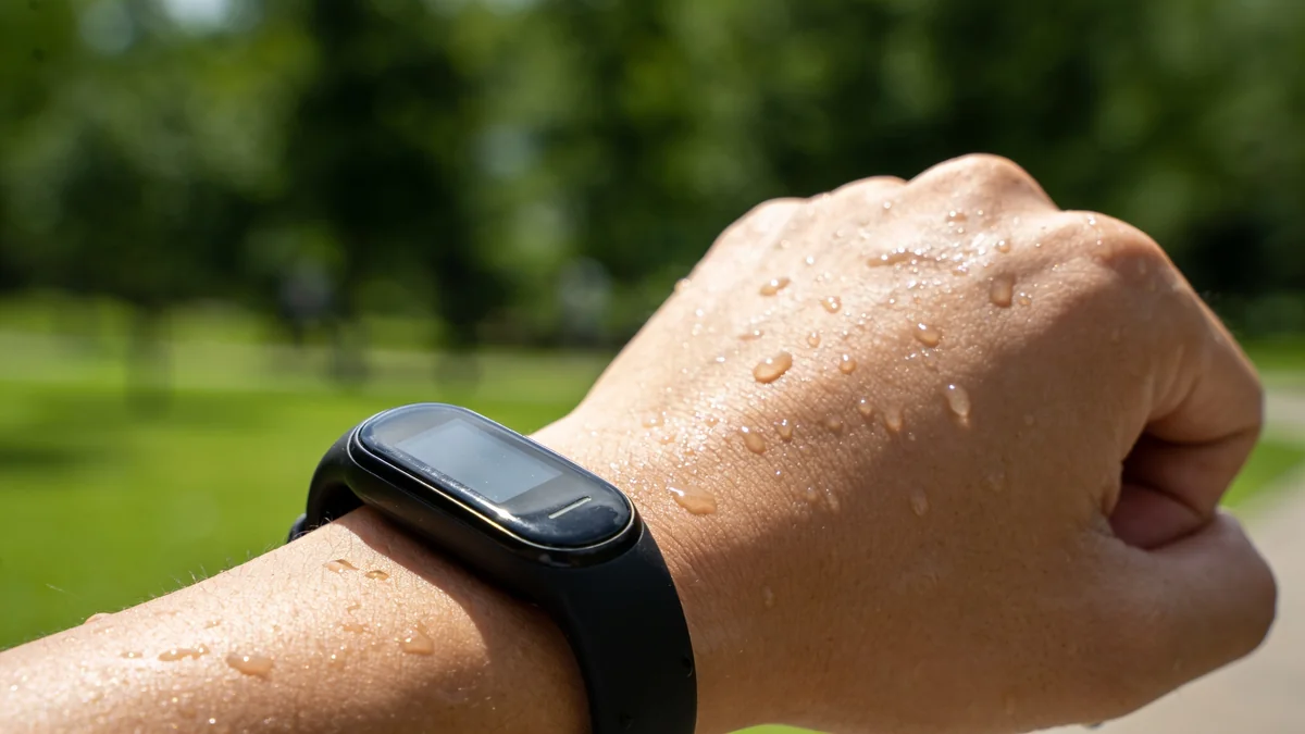 Pulsera de actividad midiendo cuánto ejercicio hay que hacer a la semana durante un entrenamiento al aire libre