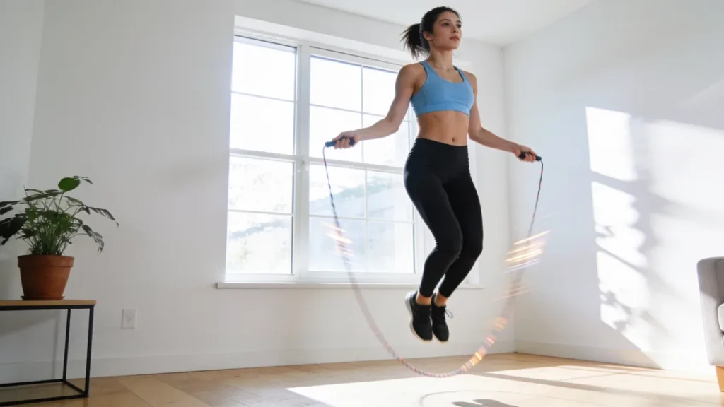 Mujer usando una cuerda de saltar Blukar para entrenar cardio en casa