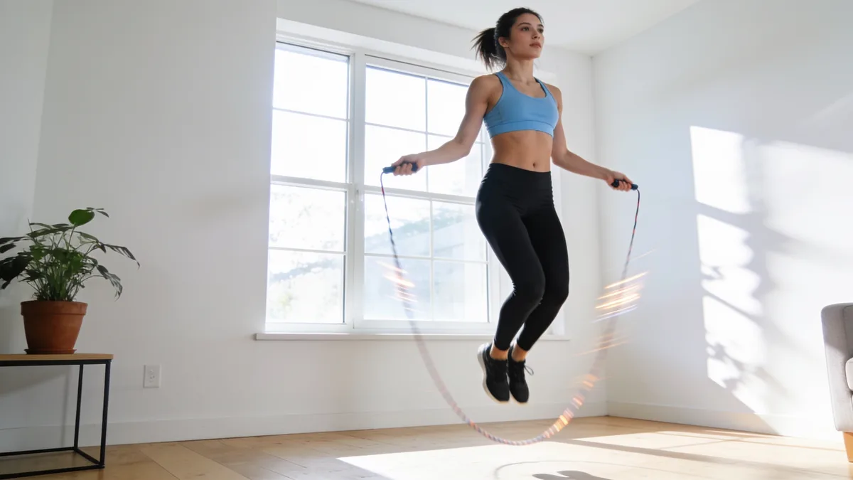 Mujer usando una cuerda de saltar Blukar para entrenar cardio en casa