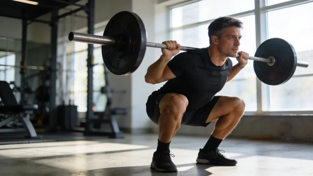 Hombre entrenando sentadilla con barra antes de dejar de entrenar 3 semanas