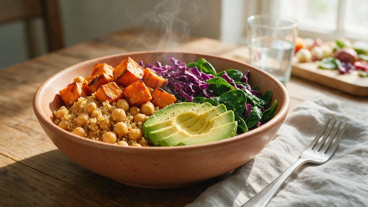 Bol abundante de comida vegetal de baja densidad energetica con garbanzos y verduras