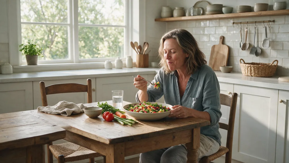 Mujer comiendo una ensalada abundante y quedandose saciada sin contar calorias