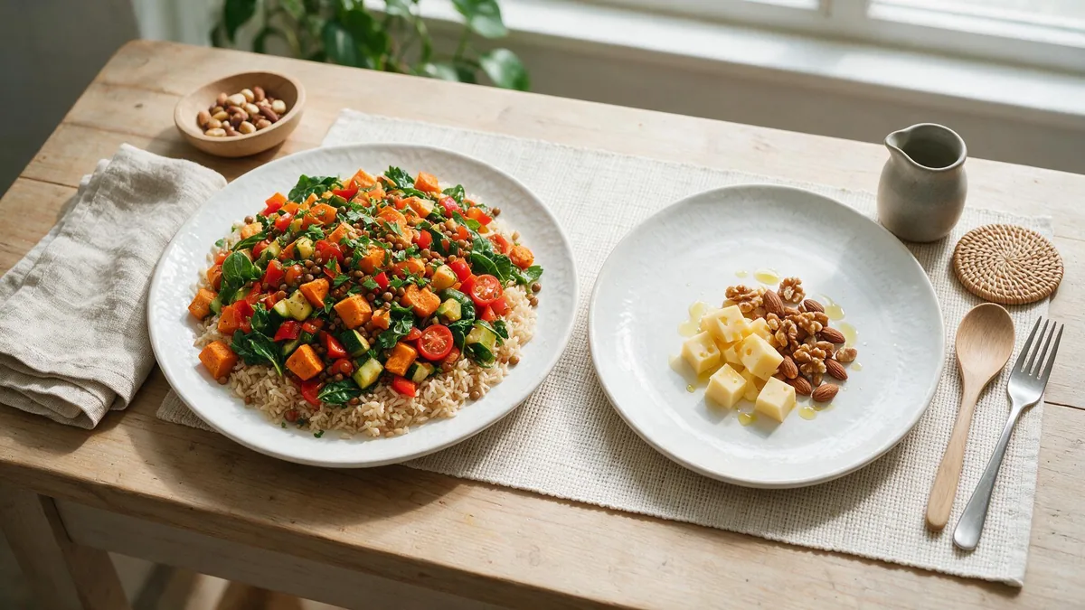 Dos platos que comparan la densidad energetica de un plato vegetal y uno de queso y frutos secos