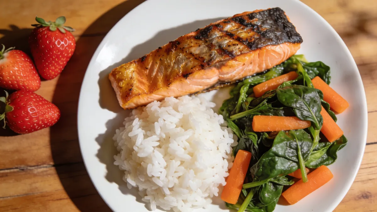 Plato equilibrado bajo en FODMAP con salmon, arroz blanco, espinacas y fresas