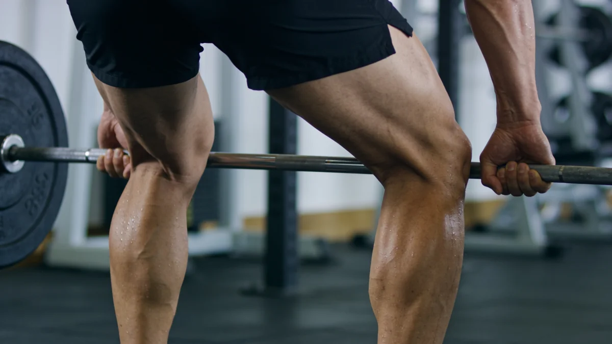 Muslos y cuádriceps de un deportista entrenando fuerza con barra para frenar el efecto yoyó