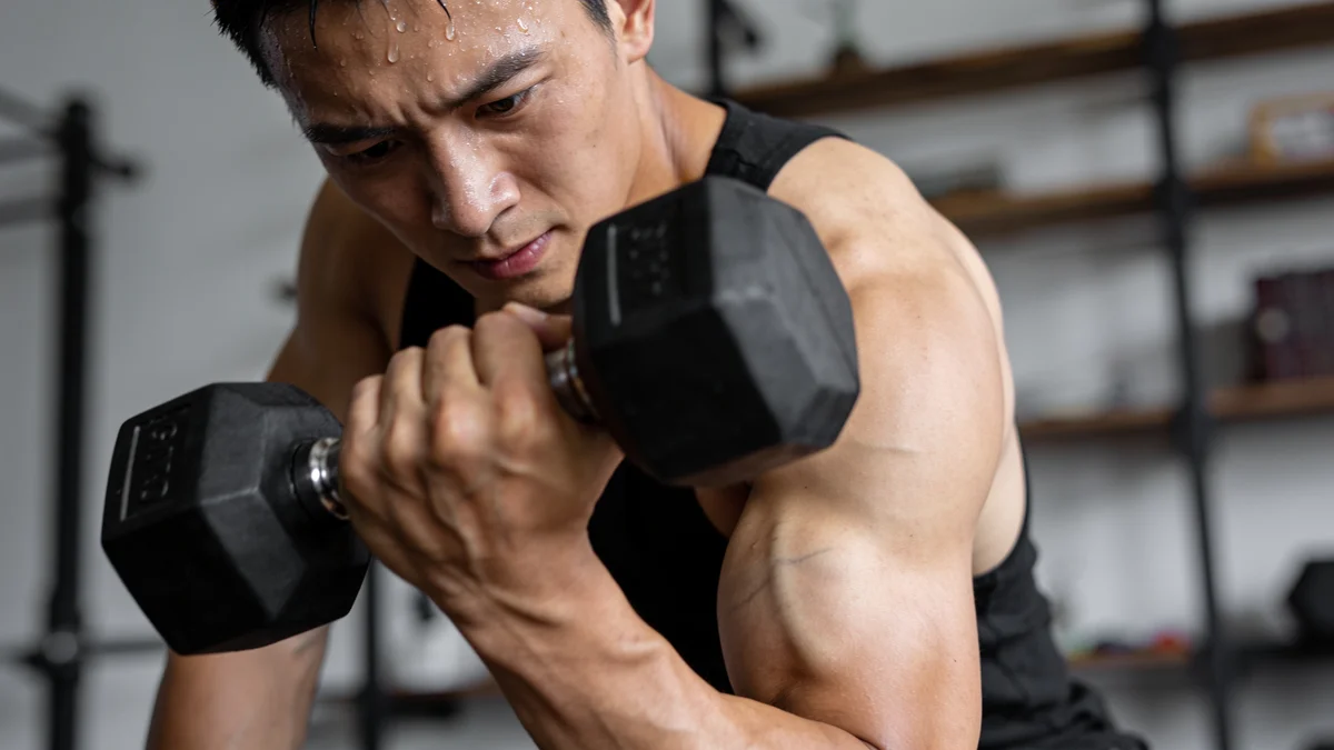 Dieta de definición muscular: qué comer para marcar sin perder músculo hombre entrenando fuerza con mancuernas durante una fase de definición muscular