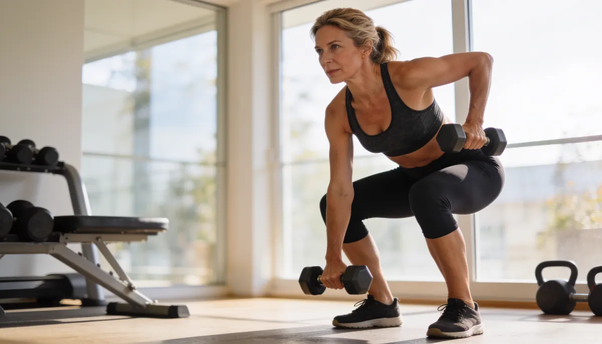 Mujer de mediana edad haciendo entrenamiento de fuerza con mancuernas en casa, ejemplo de entrenamiento de fuerza y longevidad