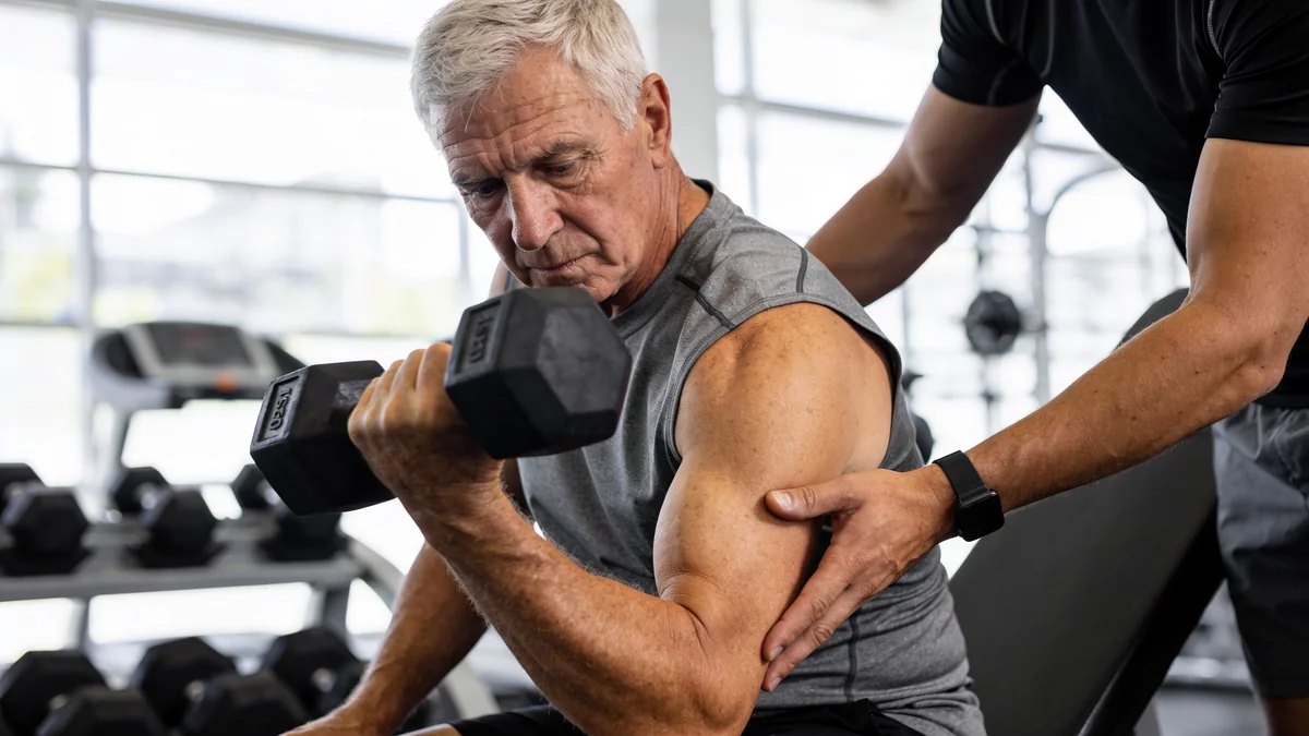 Yogur proteico o proteína de suero: esto encontró un ensayo en mayores que entrenan fuerza Hombre mayor entrenando fuerza con mancuerna supervisado por un entrenador