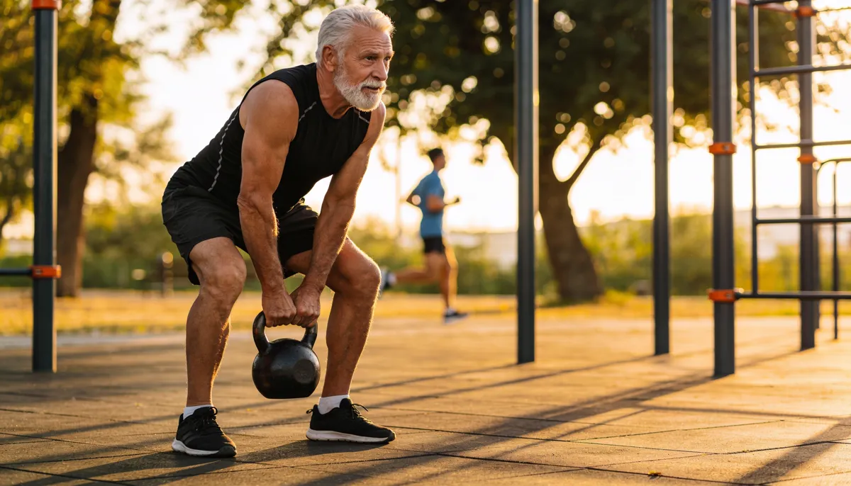 Entrenamiento de fuerza y longevidad: el estudio de 30 años que fija cuánto entrenar Hombre mayor entrenando fuerza con kettlebell al aire libre mientras otra persona corre de fondo, combinando fuerza y cardio para la longevidad