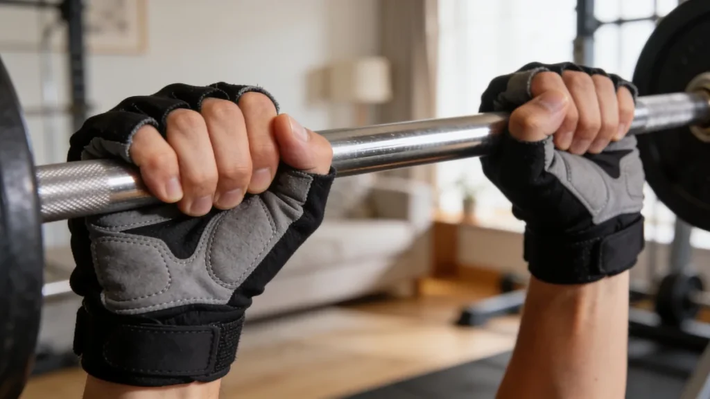 Manos con guantes de gimnasio acolchados agarrando una barra en un entrenamiento de fuerza