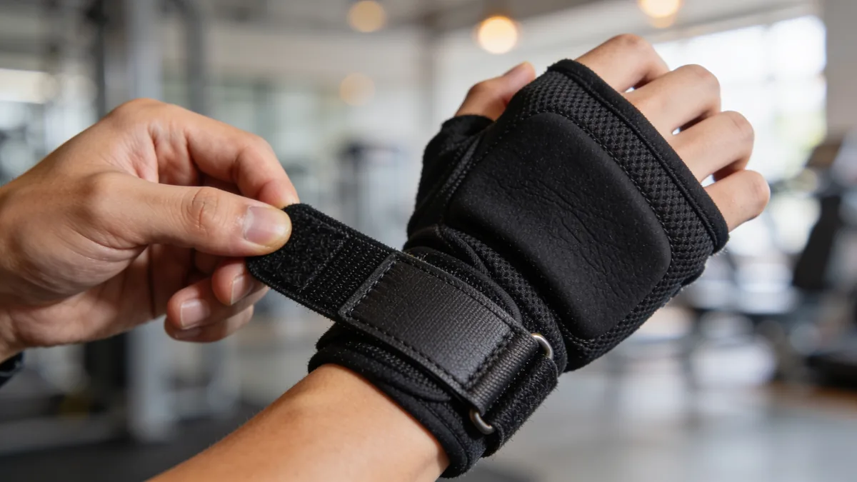 Ajustando la muñequera de velcro de unos guantes de gimnasio antes de entrenar