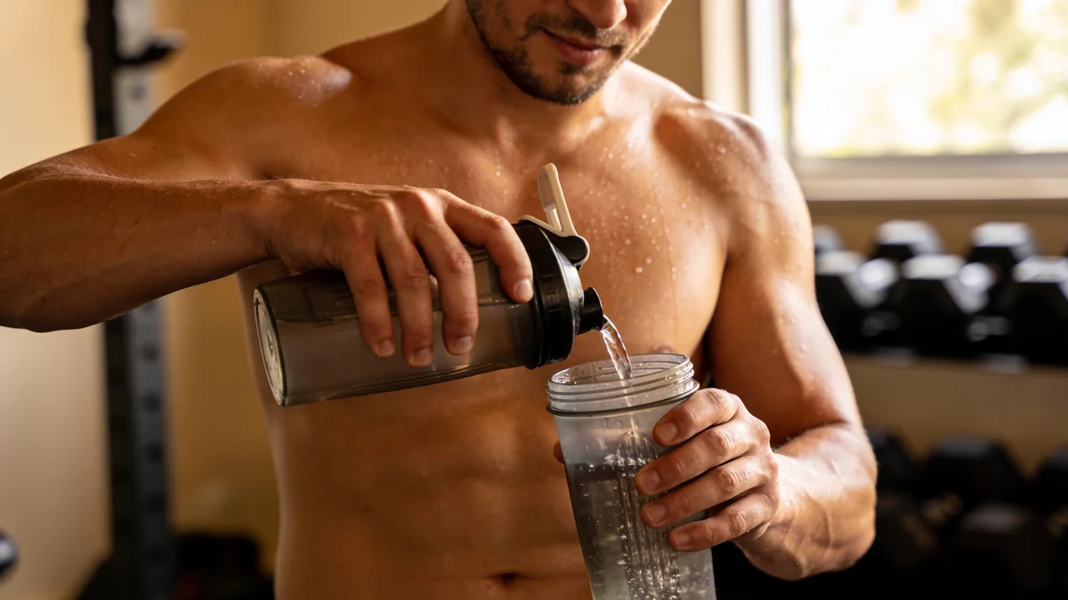 Deportista preparando un batido de proteina whey despues de entrenar en casa