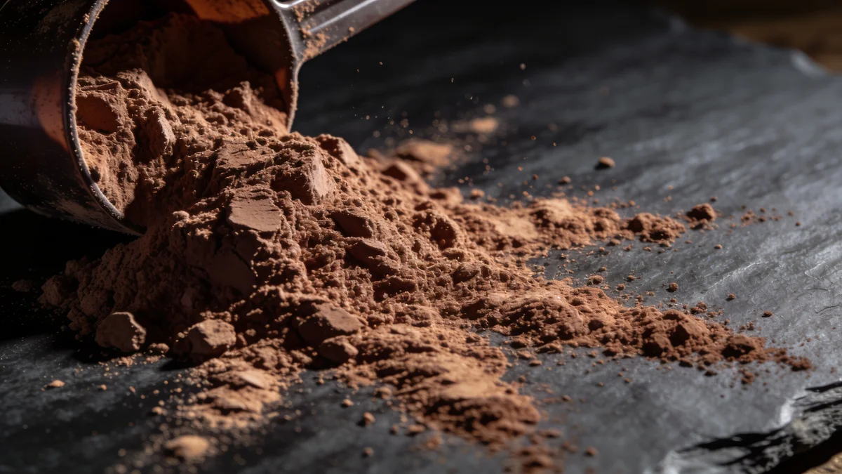 Cacito de proteina Gold Standard Whey sabor chocolate volcado sobre superficie oscura