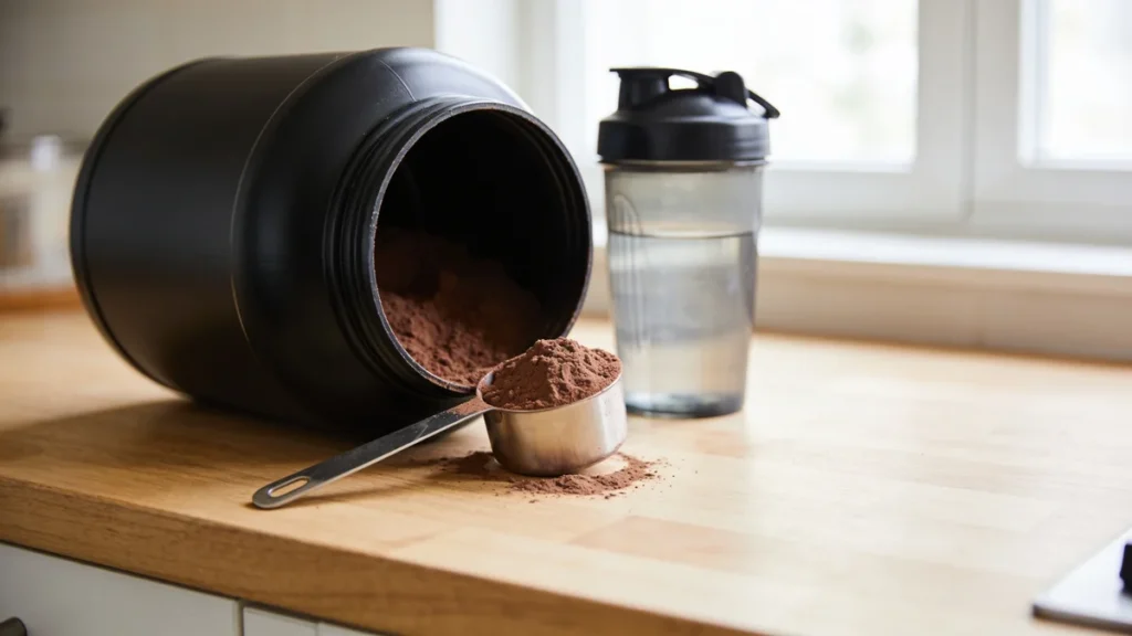 Bote de Gold Standard Whey con cacito de proteina en polvo sobre encimera de cocina