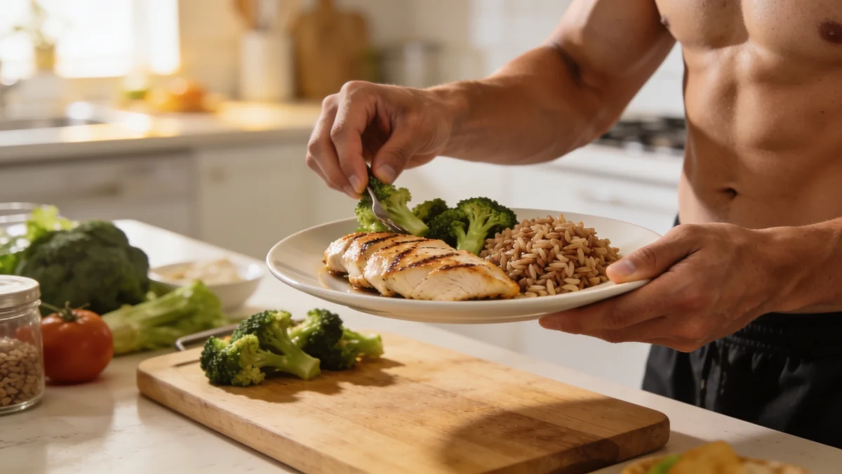 plato de dieta de definición muscular con pollo, arroz integral y brócoli