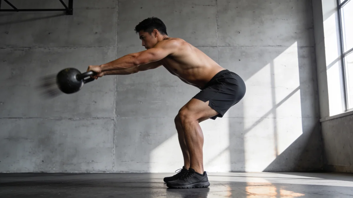 Deportista haciendo un swing con kettlebell con la espalda recta y bisagra de cadera