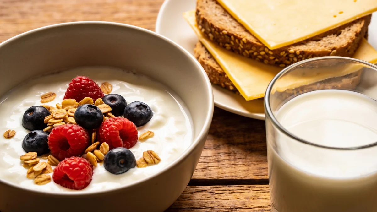 Lácteos enteros: un ensayo de 12 semanas desmonta el consejo de tomarlos desnatados Desayuno con lácteos enteros: yogur natural con frutos rojos, queso y leche