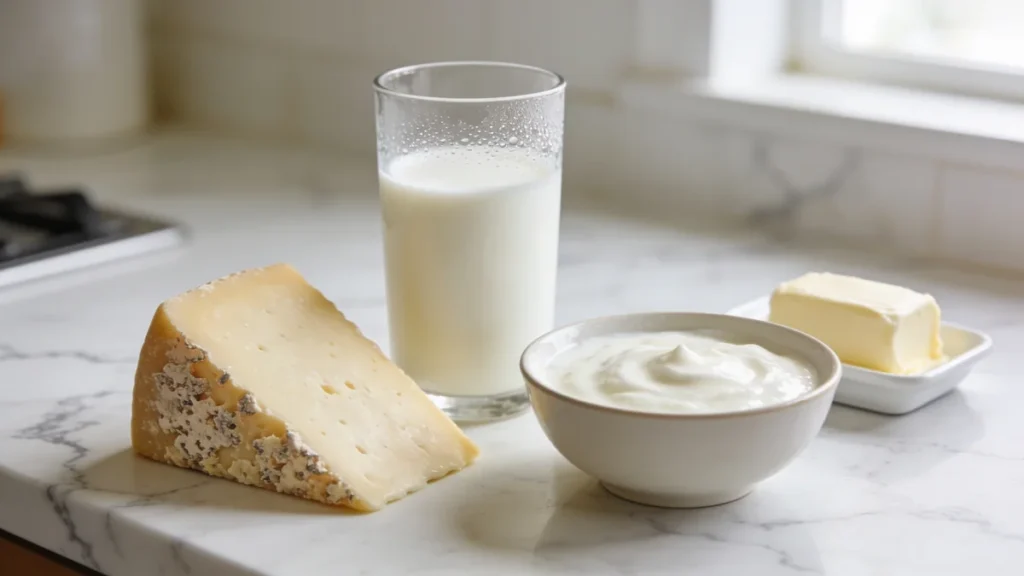 Lacteos enteros: leche, queso, yogur y mantequilla sobre encimera