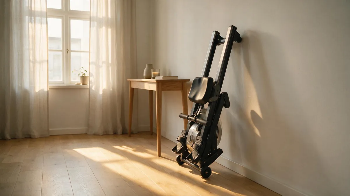 Máquina de remo MERACH: review honesta del modelo MR-R02B7 de 199 € Máquina de remo guardada en vertical apoyada en la pared de un piso pequeño