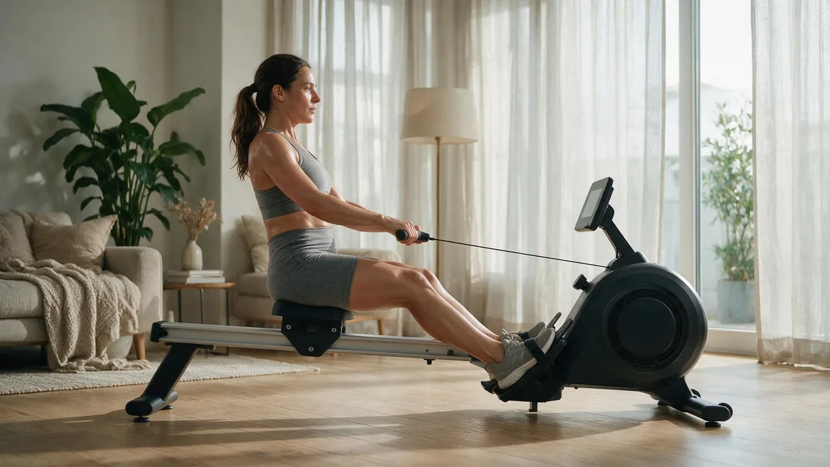 Máquina de remo MERACH: review honesta del modelo MR-R02B7 de 199 € Mujer entrenando con la máquina de remo MERACH con la espalda recta en casa
