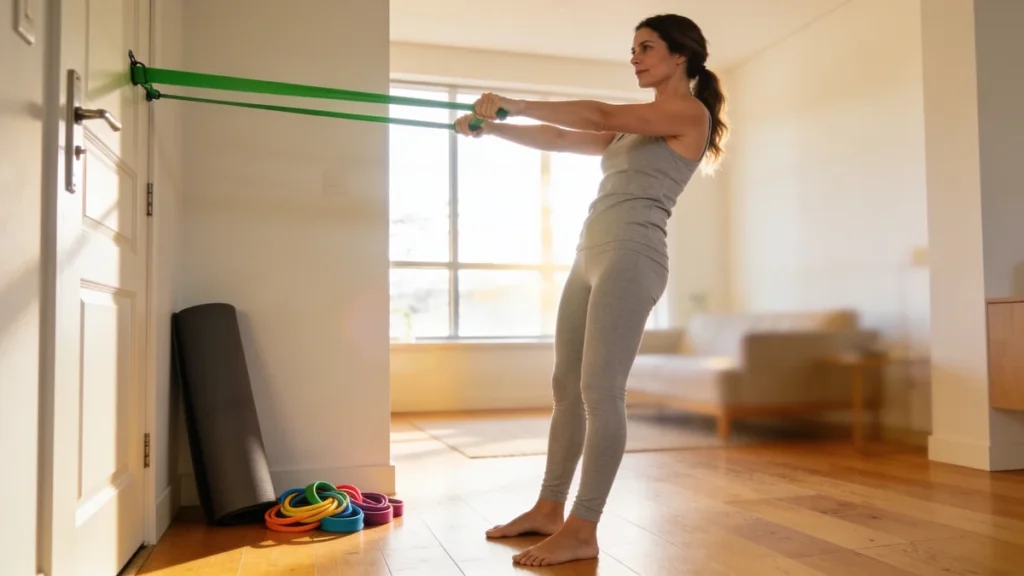 Mujer usando las mejores bandas elasticas para entrenar en casa con anclaje de puerta