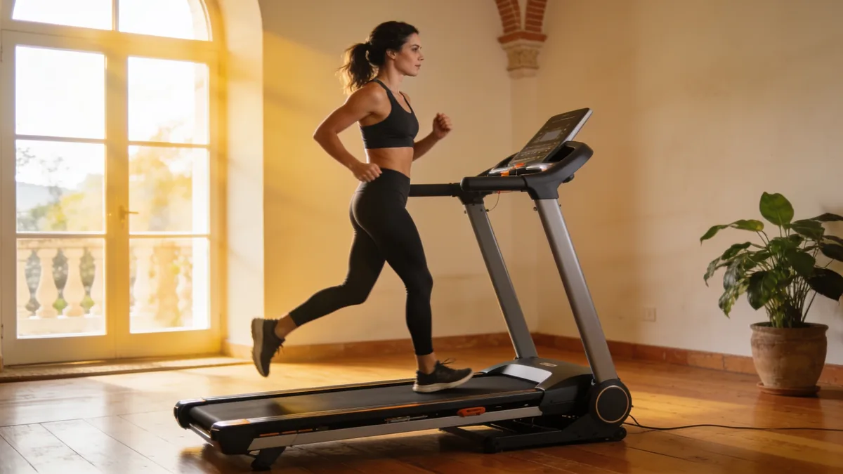 Nutrición y Fitness Mujer corriendo en una de las mejores cintas de correr plegables para casa