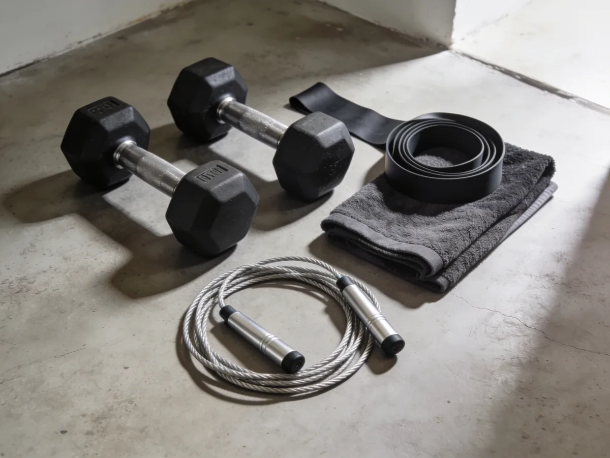 Las mejores cuerdas de saltar de 2026: 7 combas comparadas para cardio en casa Cuerda de saltar enrollada junto a mancuernas y banda elástica en un rincón de entrenamiento en casa