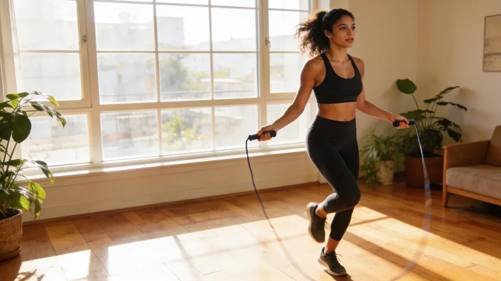 Mujer saltando a la comba en el salon de casa, una de las mejores cuerdas de saltar para cardio