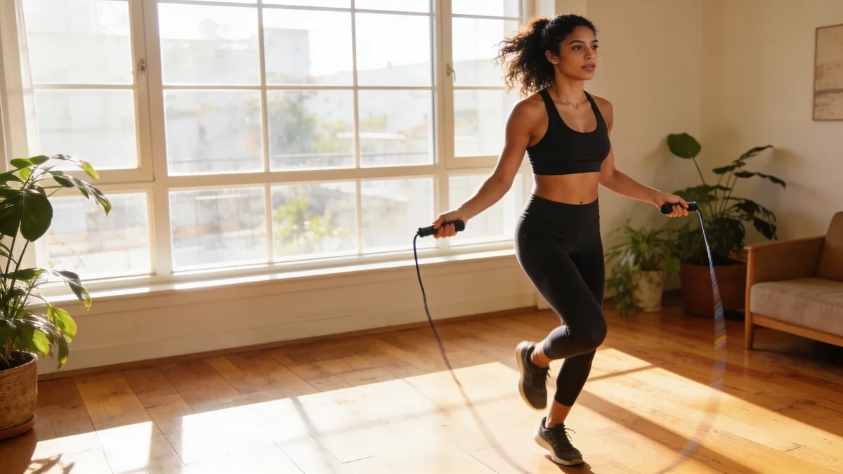 Mujer saltando a la comba en el salon de casa, una de las mejores cuerdas de saltar para cardio