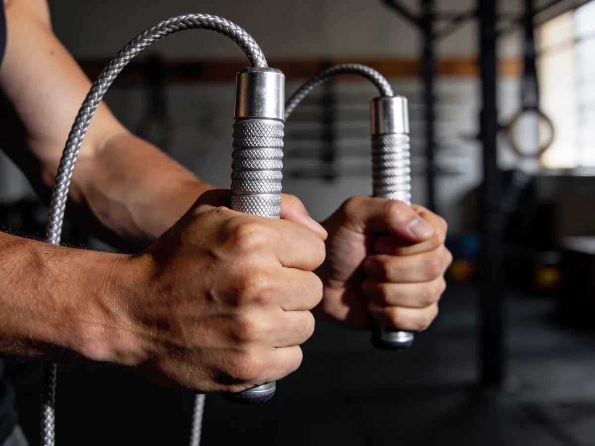 Las mejores cuerdas de saltar de 2026: 7 combas comparadas para cardio en casa Detalle de dos manos sujetando los mangos de aluminio de una cuerda de saltar antes de entrenar