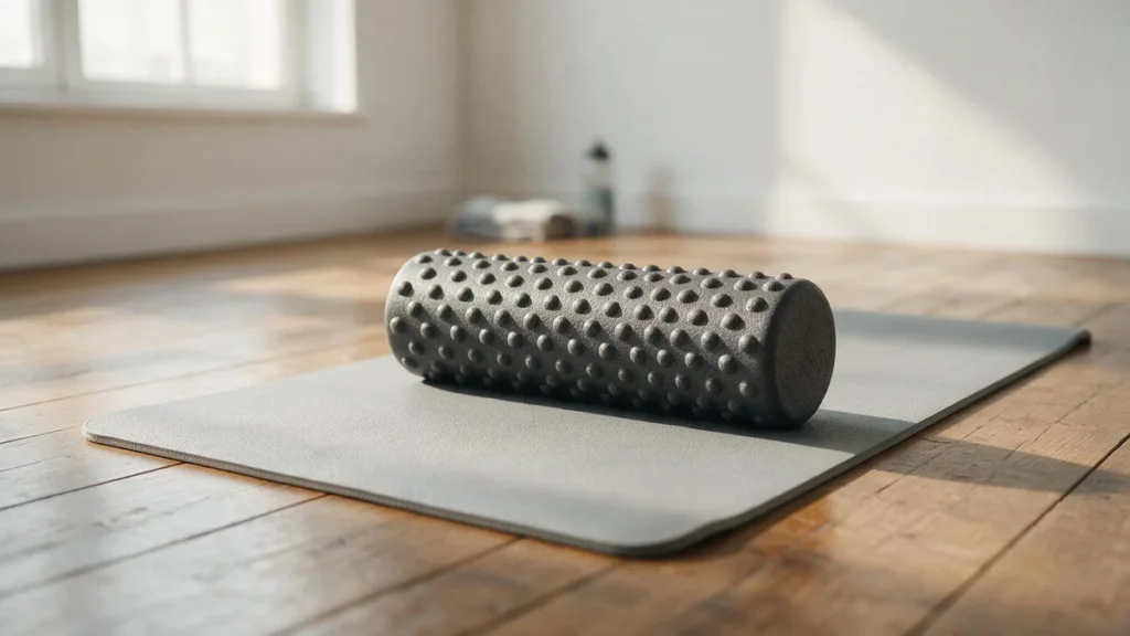 Uno de los mejores foam roller de 2026 sobre una esterilla en un gimnasio en casa