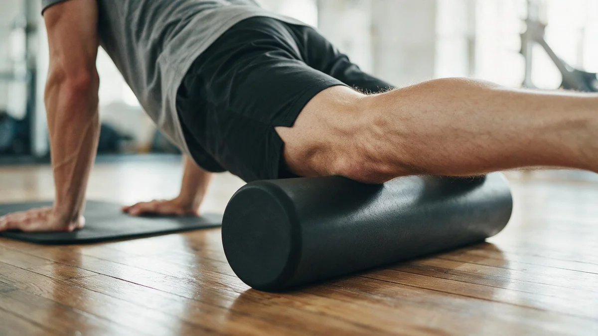 Los mejores foam roller de 2026: 7 rodillos de masaje comparados Hombre en plancha rodando la pierna sobre un foam roller de espuma firme