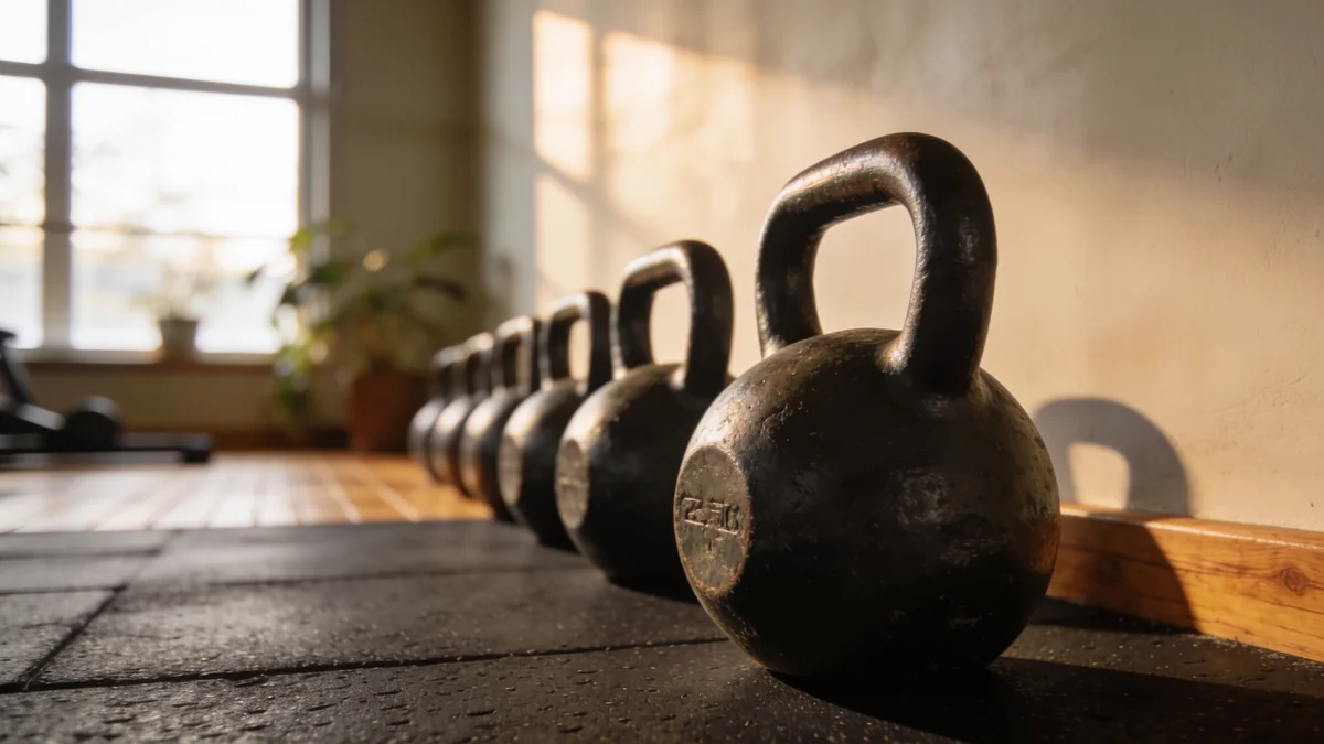 Fila de kettlebells de hierro fundido en un gimnasio en casa, las mejores kettlebells de 2026